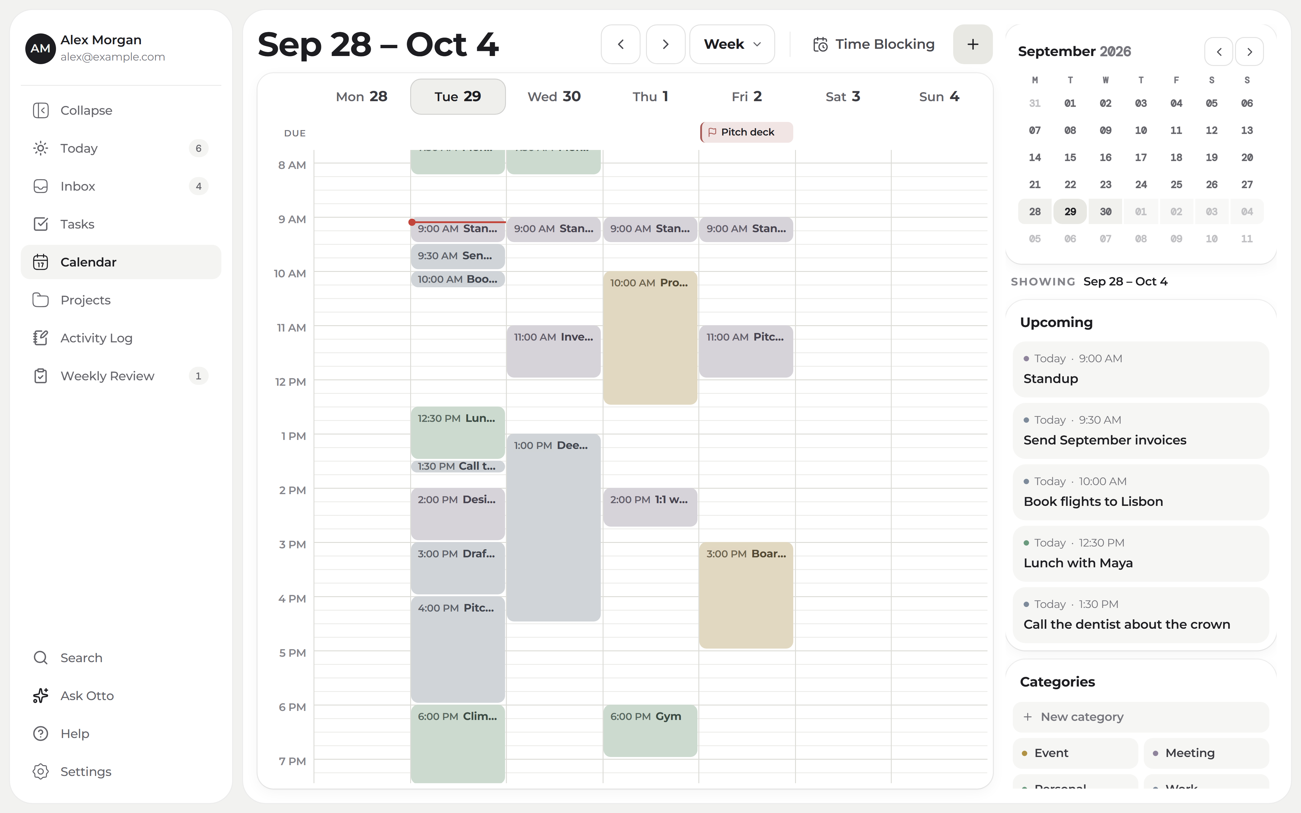 08 Studio's week calendar, with the day's tasks scheduled around meetings