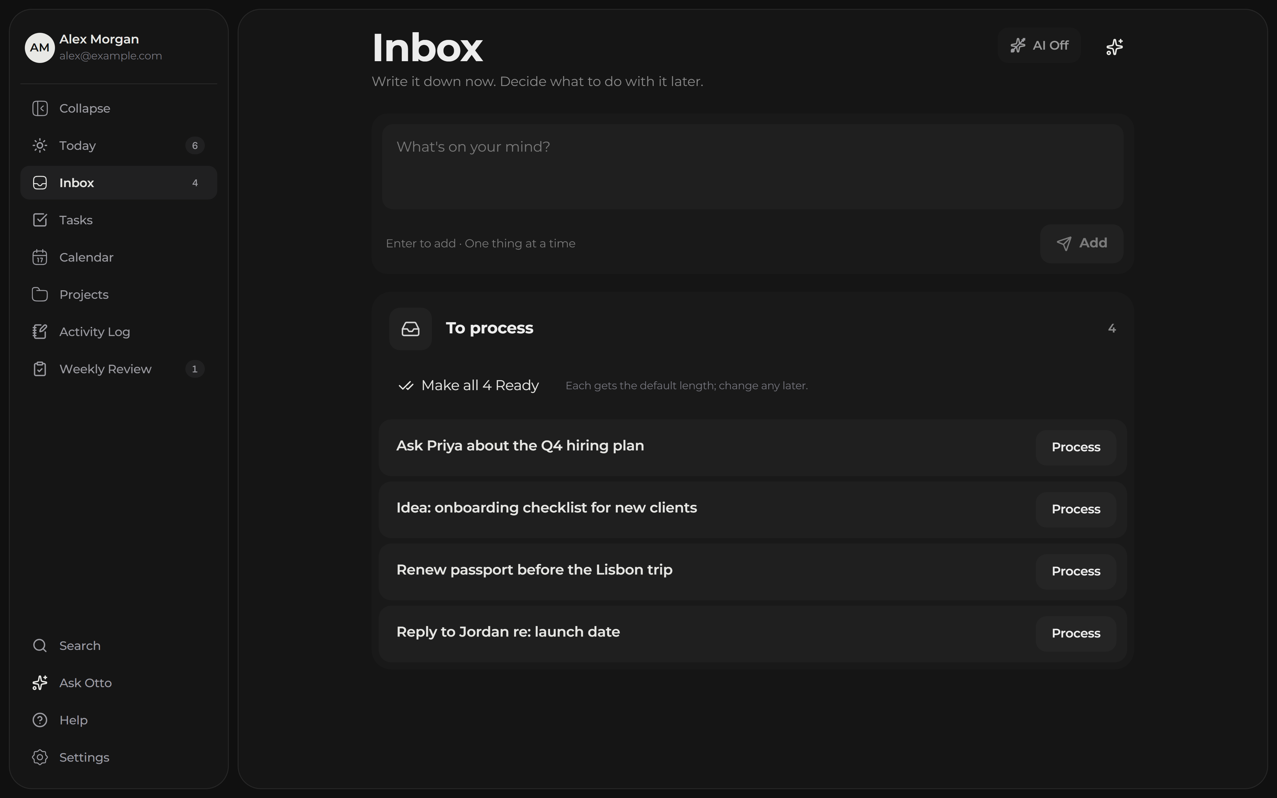 08 Studio's Inbox, with four things waiting to be processed
