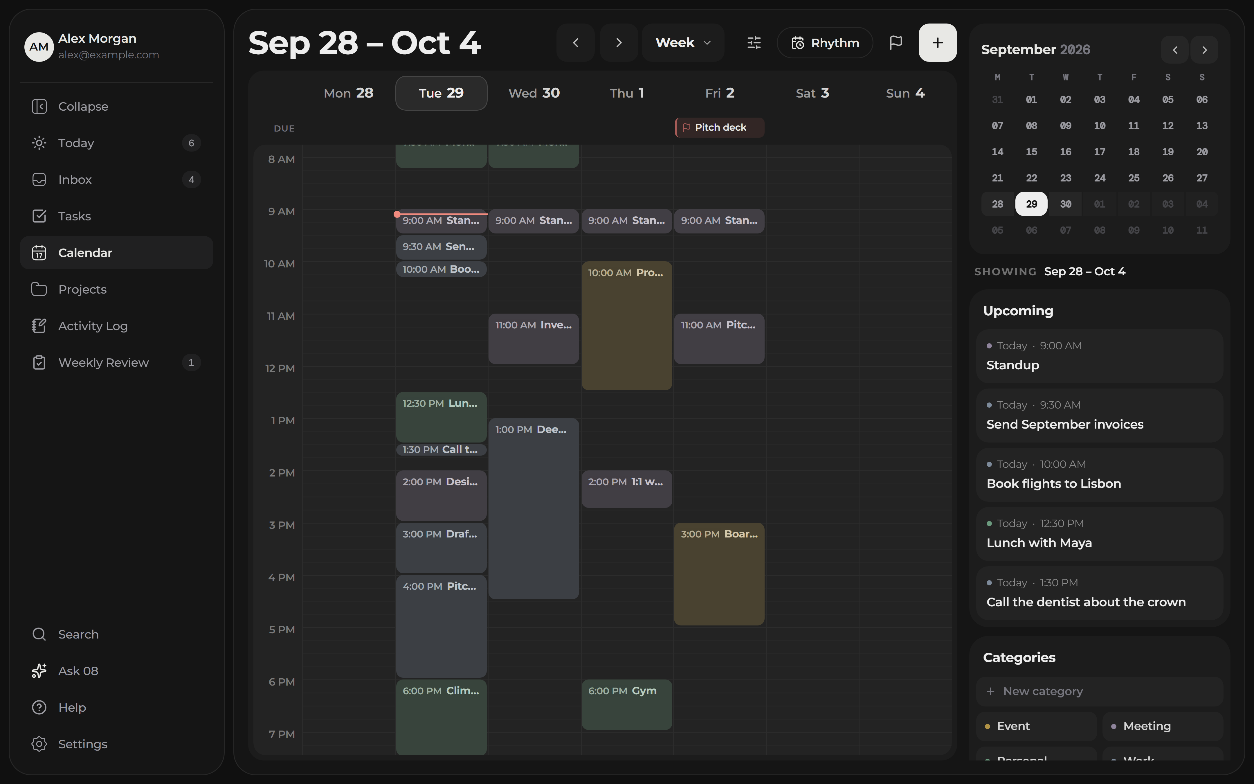 08 Studio's week calendar, with the day's tasks scheduled around meetings