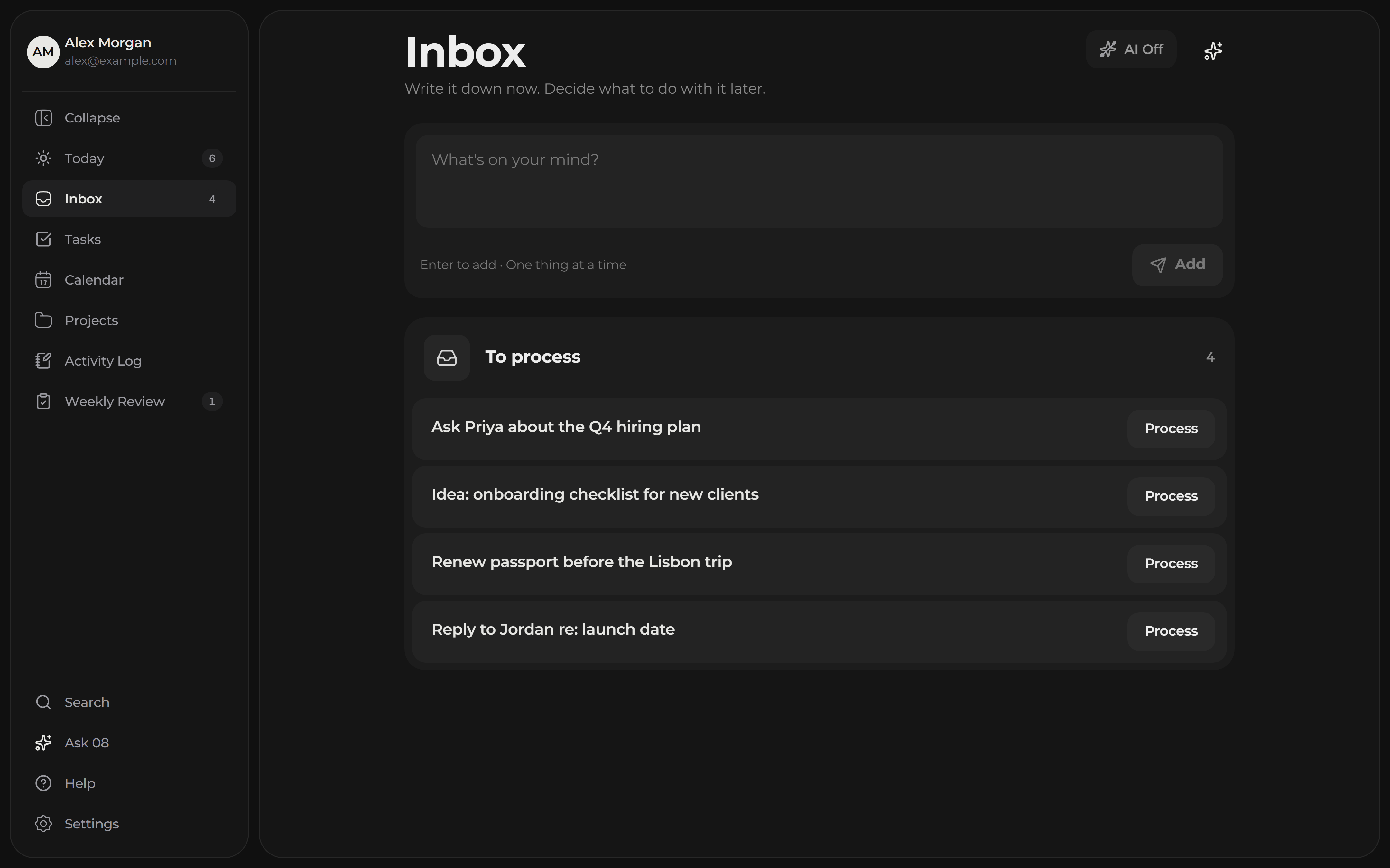 08 Studio's Inbox, with four things waiting to be processed