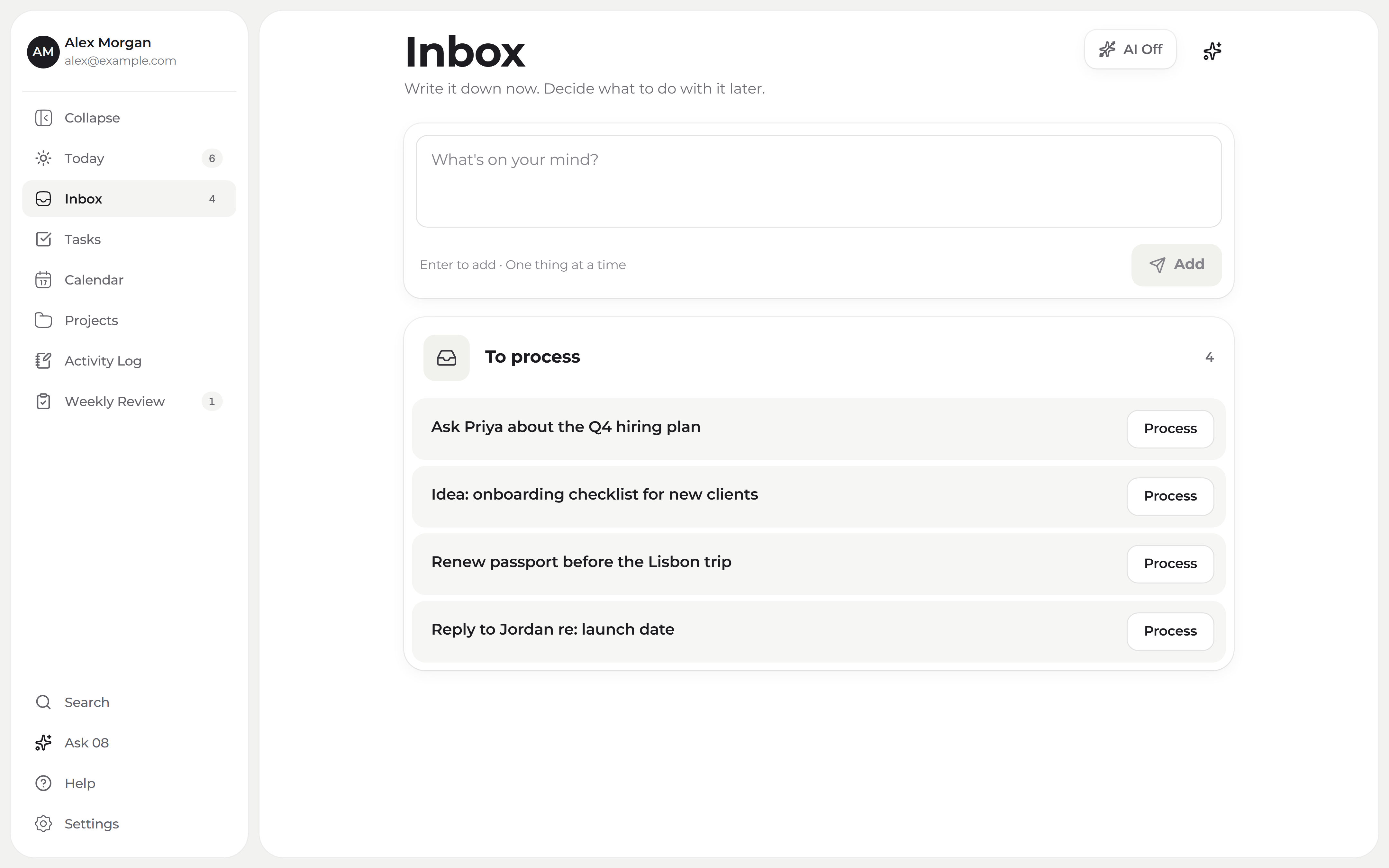 08 Studio's Inbox, with four things waiting to be processed